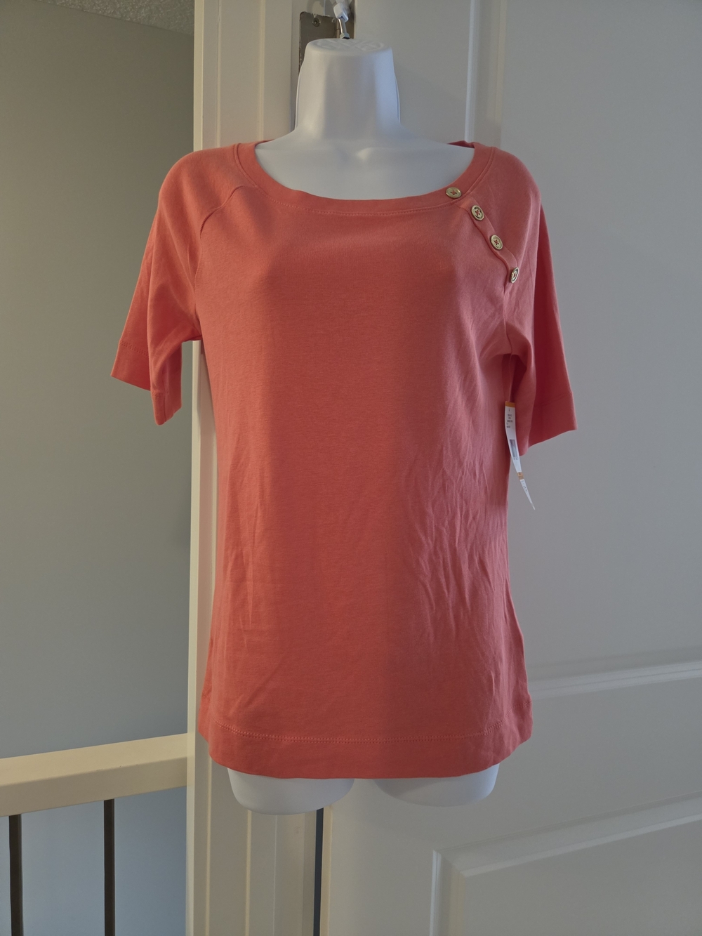 Jones New York Sport Coral Short-Sleeve Button-Accent 100% Cotton Top